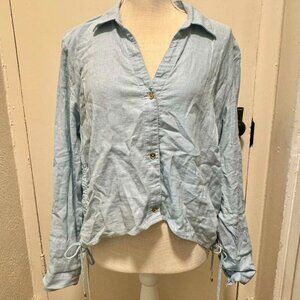 Michael Kors Linen Blend Cropped Button Down Collared Shirt with Cinched Sides/L